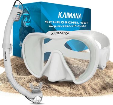 Набір для снорклінгу KAIMANA AquaVision Prolite для дорослих з чохлом, зручна силіконова маска для плавання, альтернатива сноркель-масці, тканинний/силіконовий ремінець, білий