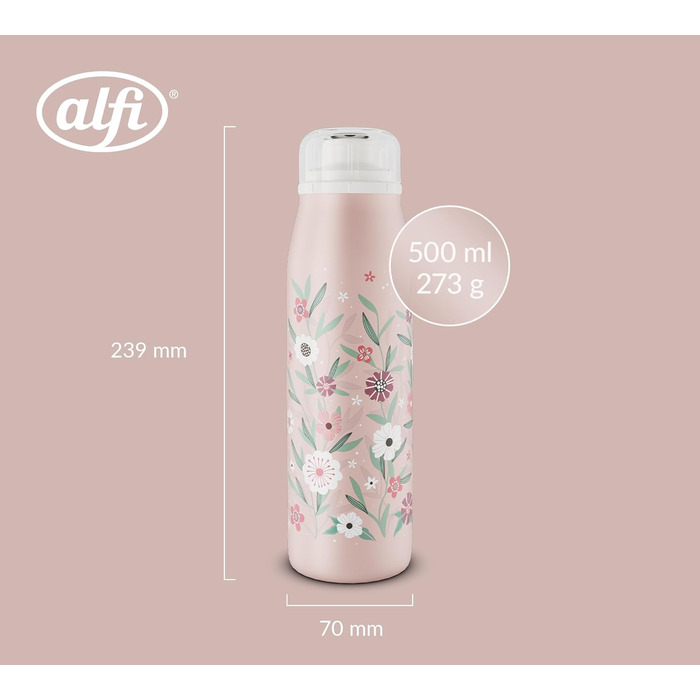 Термос-пляшка alfi KIDS ISO 500 мл рожевий для дітей, нержавіюча сталь, герметична, з кришкою, тримає 12 годин тепло, 24 години холод, для газованої води, BPA-free