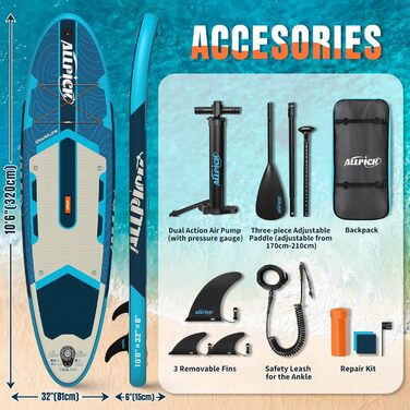 Надувний SUP-борд ALLPICK Premium з аксесуарами, тримачем для камери, регульованим веслом, для початківців та досвідчених, 200 кг, колір: Глибокий синій