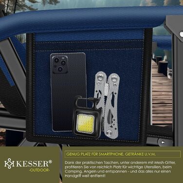 Крісло для кемпінгу KESSER® розкладне, 160 кг | Зручне рибальське крісло з підлокітниками, кишенею для напоїв та світлом | Для відпочинку на природі, пляжі, риболовлі | Navy Blue / Black