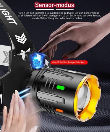 LED-ліхтар на голову з перезарядкою, супер яскравий, сенсорний, водонепроникний IP67, велика батарея для кемпінгу, риболовлі та активного відпочинку