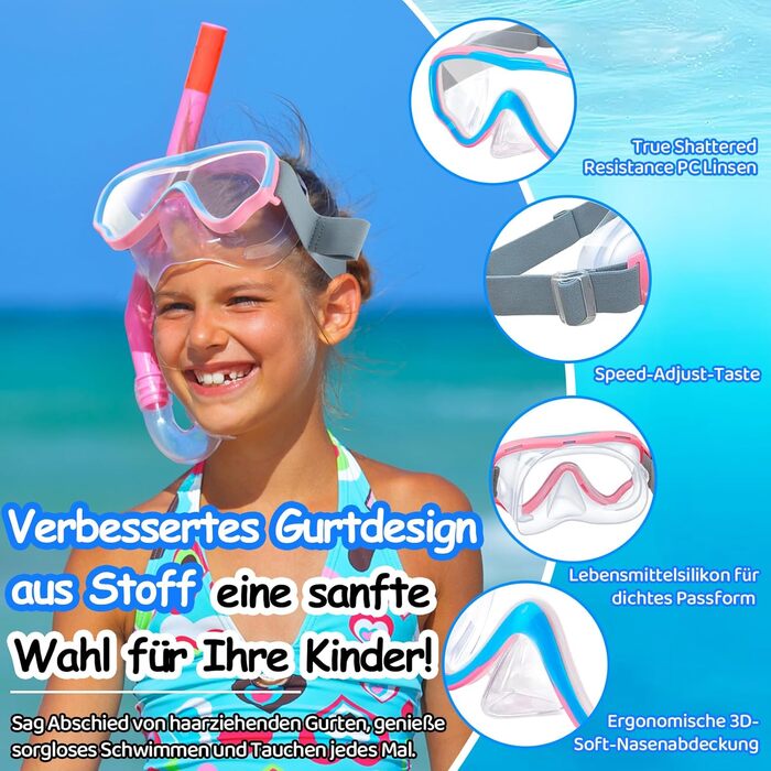 Дитячі маски для снорклінгу Vvinca з тканинним ремінцем, 180° панорама, анти-витік, для дітей 3-13 років (хлопчики та дівчатка), блакитний та рожевий кольори