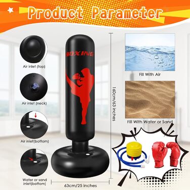 Боксерський мішок дитячий Ninonly 160 см з рукавичками та насосом - стійкий боксерський мішок для дому, вулиці, спортзалу для хлопчиків та дівчаток (чорний)