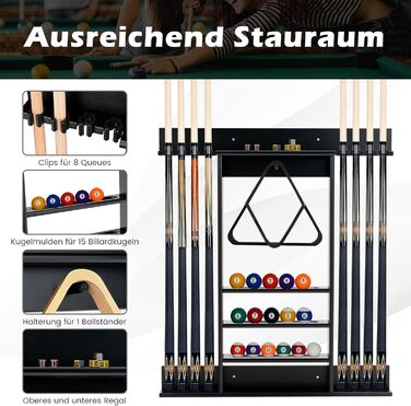 Підставка для більярних київ COSTWAY на стіну, для 8 київ, 15 куль та підставки для куль, з натурального дерева (чорна)