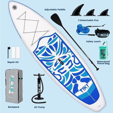 Надувний SUP-борд FunWater 10'6' та 11'6' з аксесуарами: весло, насос, рюкзак, плавники. Підходить для всіх рівнів підготовки. Рожевий та блакитний кольори.
