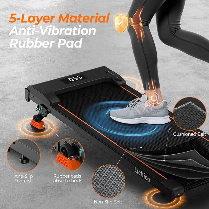 Біговий доріжка Lichico Walking Pad з регулюванням нахилу 9%, Bluetooth, LED дисплей, 2.5HP для дому та офісу