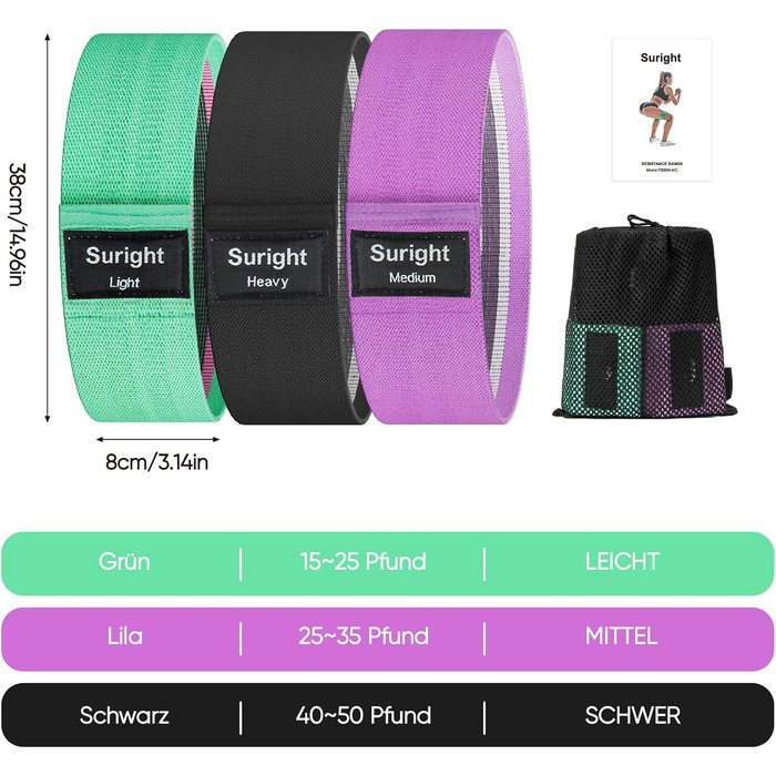 Фітнес-еластичні стрічки Suright: резистентні гумки для йоги, силових тренувань, ніг та сідниць. Набір для фітнесу (зелений, фіолетовий, чорний)