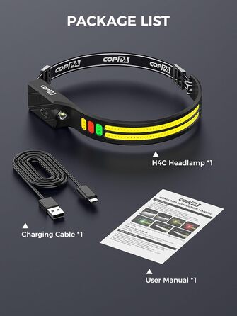 Налобний ліхтар COPPA H4C LED з перезарядкою, комплект з широким та точковим світлом, білий, жовтий, червоний, зелений, з датчиком руху для дітей, кемпінгу, бігу, риболовлі, альпінізму, ремонту, джогінгу