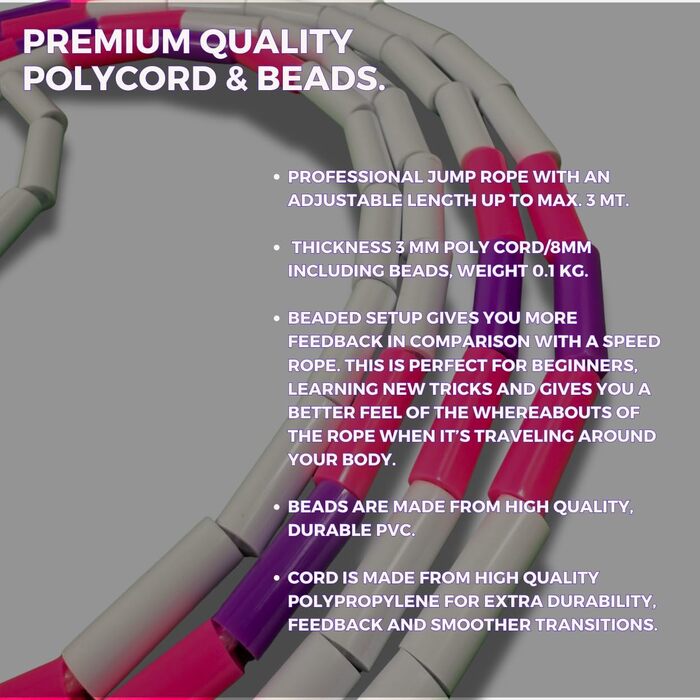 Стрибкове канат Elevate Rope Professionelles Perlen - 3м, регульований, якісні намистини та полішнур. Для фрістайлу, кардіо та трюків. Підходить для всіх рівнів, для використання в приміщенні та на вулиці. Білий/Рожевий/Фіолетовий
