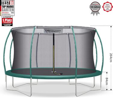 Трамплін Ultrasport Deluxe, Ø 244/305/366/430 см, сертифікований TÜV Rheinland + GS, повний комплект, круглий садовий трамплін, з м'якими стійками, сіткою безпеки та захисним бордюром (Deluxe - Ø 366 см)