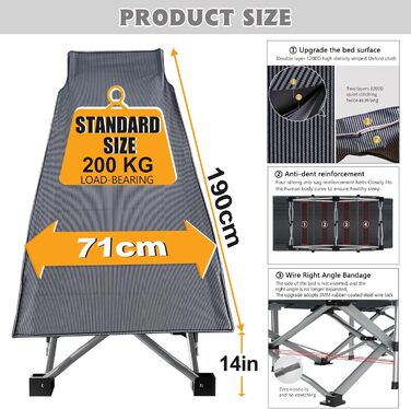 Розкладне кемпінгове ліжко MOPHOTO з матом – до 200 кг, 190x71x36 см, широке, для відпочинку на природі, сіре