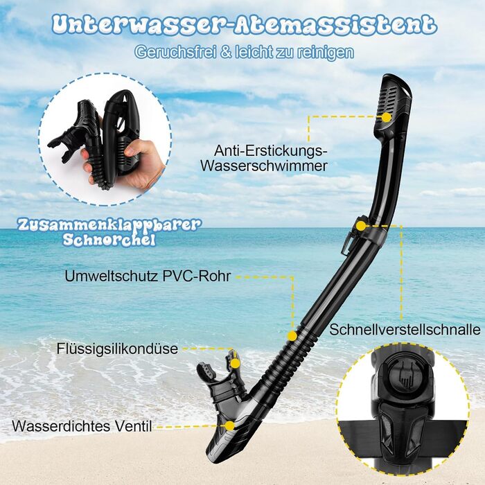 Набір для снорклінгу для дорослих: маска, трубка та ласти. Суха трубка, антизапітніюча маска з загартованого скла. Для плавання, снорклінгу та дайвінгу. Чорний колір