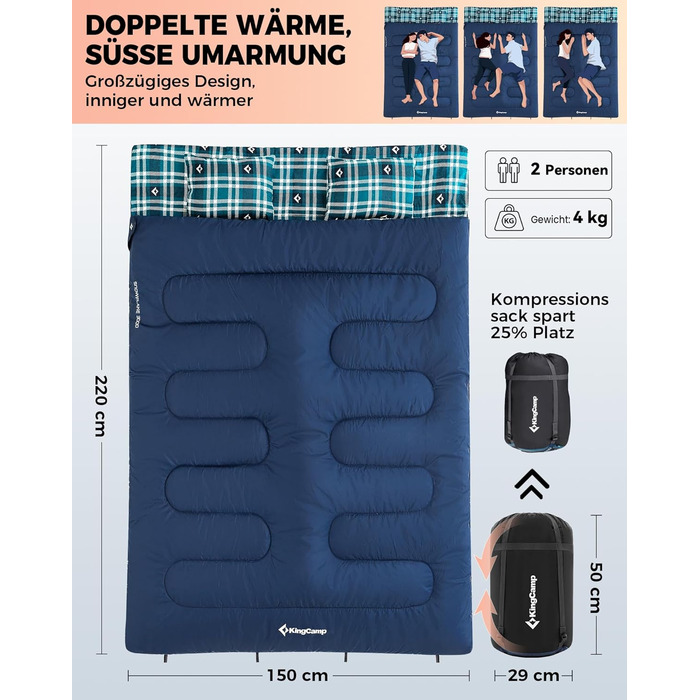 Спальний мішок KingCamp для 2 осіб з фланелі, зимовий, теплий, 3-4 сезони, з 2 подушками, для кемпінгу та відпочинку на природі, синій