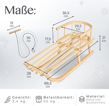 Дерев'яні санки BambiniWelt з підніжкою та тяговим тросом + зимовий чохол для ніг 108 см – тепла вовна, водовідштовхуючі – комбінований набір для дитячої коляски та візка Чорний