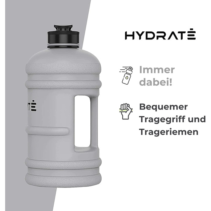 Фляга для води HYDRATE XL 2,2 л - для спортзалу, спорту та подорожей, без BPA, витривала, сіра, 2200 мл