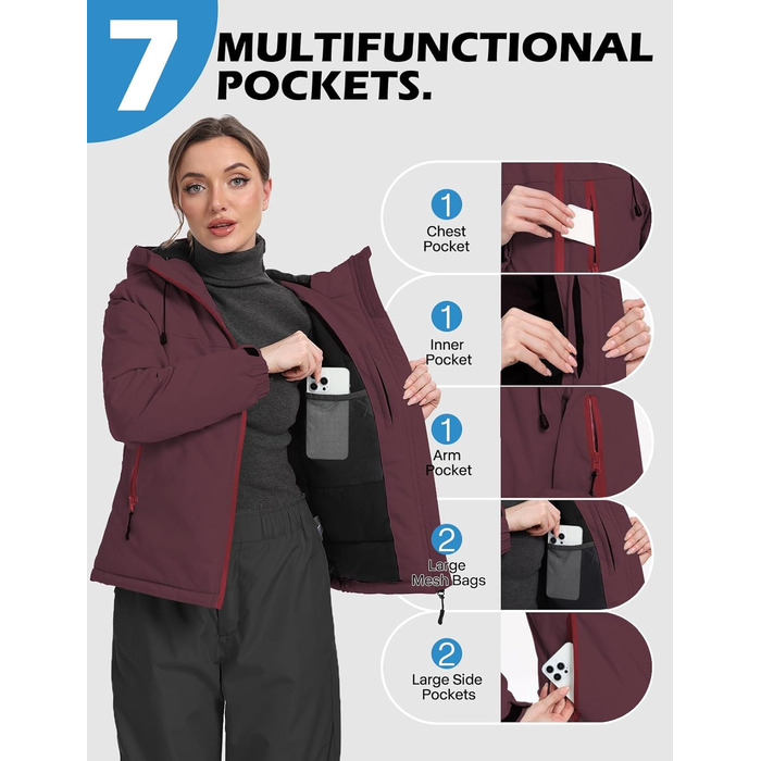 Жіноча лижна куртка GEMYSE з інтегрованими захисними ременями. Тепла водонепроникна вітронепроникна куртка-сніговик для активного відпочинку (XL, Темно-червоний)