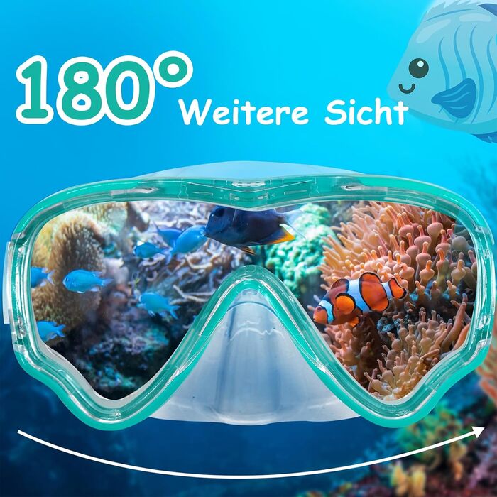 Дитячі маски для снорклінгу Vvinca з тканинним ремінцем, 180° панорама, анти-протікання, для дітей 3-13 років, зелені