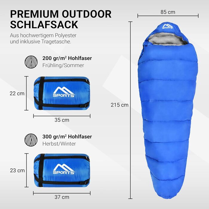 Сплячий мішок MSPORTS Premium Outdoor з ременем для перенесення. Вибір: весна/літо (200GSM) або осінь/зима (300GSM). Ідеально для кемпінгу, подорожей, фестивалів. Теплий спальний мішок-кокон кольору оливковий (королівський синій).