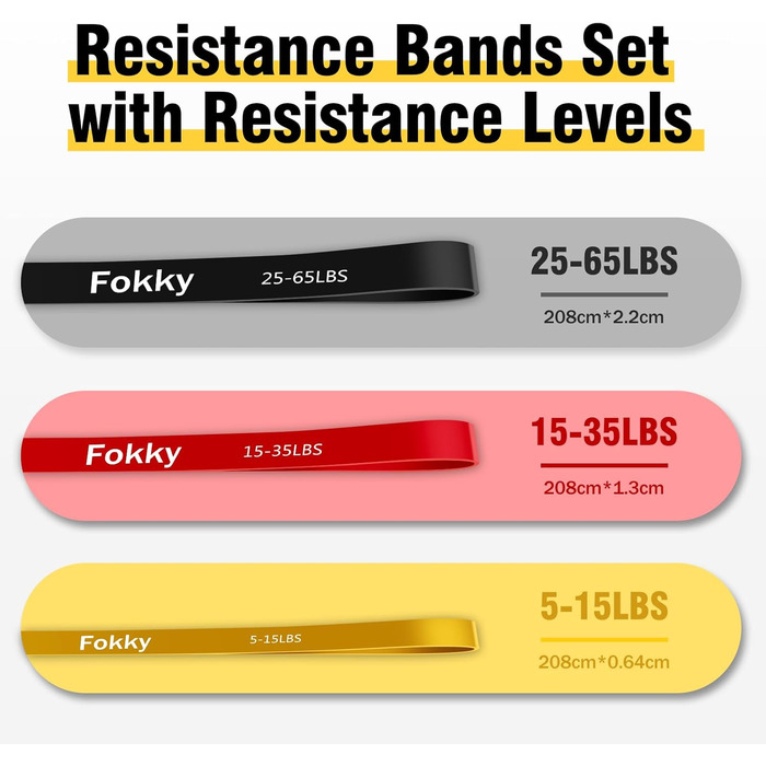 Еластичні гумки для фітнесу Fokky, Набір стрічок опору, Гумки для фітнесу з дверним кріпленням, захисним покриттям та 2 ручками, для силових тренувань, йоги, пілатесу, нарощування м'язів (Світло-жовтий, Червоний, Чорний)