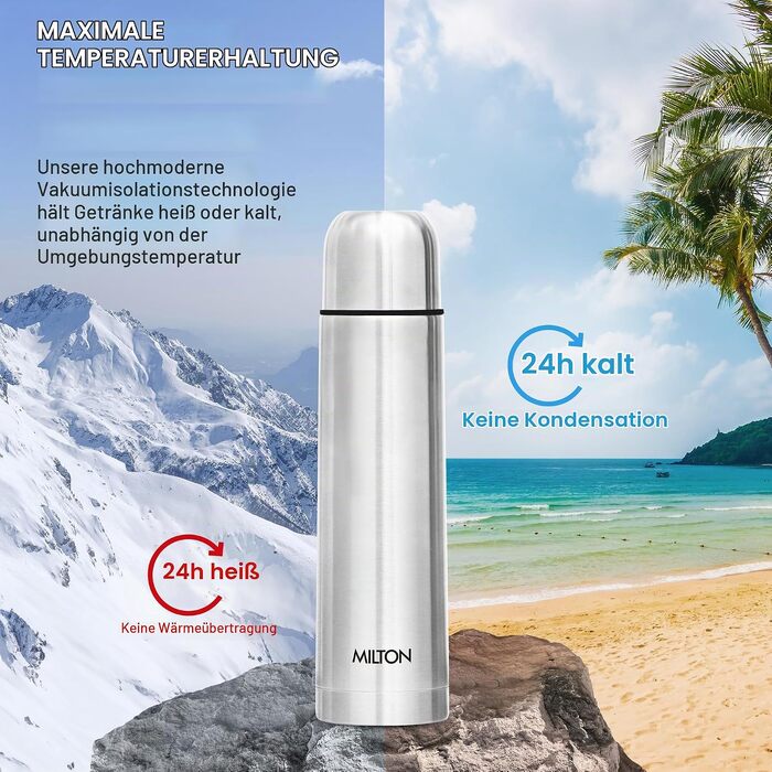 Термос Milton Thermosteel Flip Lid 1000 мл, вакуумна stainless steel пляшка для напоїв (гарячі та холодні), герметична, срібляста