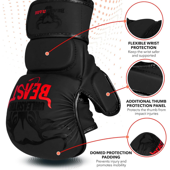 MMA рукавички BEAST RAGE для чоловіків та жінок, регульована підтримка зап'ястя, відкрита долоня, рукавички для бойових мистецтв, греплінг, спаринг, муай-тай, кікбоксинг, Taekwondo (L-XL, Червоні)