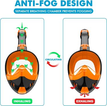 Маска для снорклінгу повного обличчя, обладнання для дорослих та дітей з системою сухого дихання та знімним тримачем для камери, 180° огляд, чорний, помаранчевий, білий, синій, XL