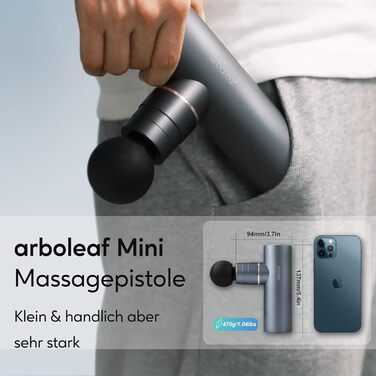 Масажний пістолет arboleaf Mini, 3200 уд/хв, 0,47 кг, 4 насадки, AI-рівні, портативний, для м'язової релаксації, акумулятор USB-C, сірий, з кейсом