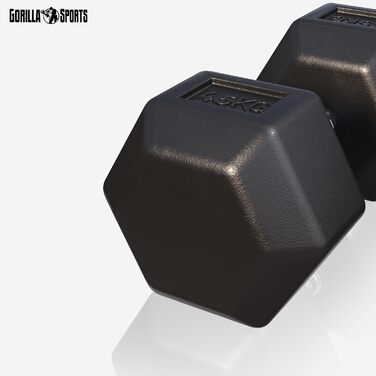 Гантелі шестигранні GORILLA SPORTS 45 кг, гумовані, гантелі для фітнесу й силових тренувань, гриф хромований, нековзна рукоятка