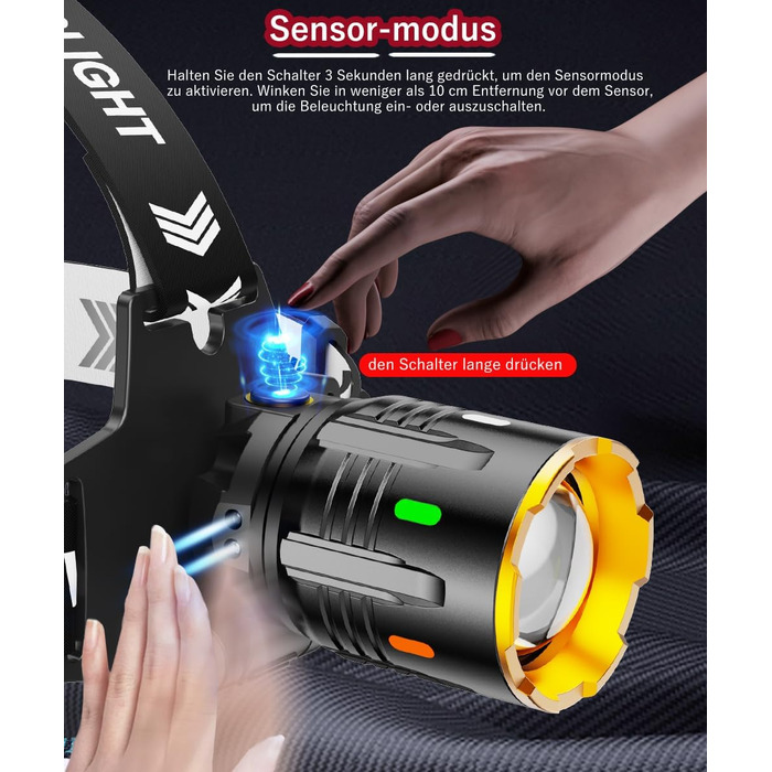 LED-ліхтар на голову з перезарядкою, супер яскравий, сенсорний, водонепроникний IP67, велика батарея для кемпінгу, риболовлі та активного відпочинку