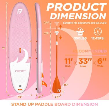 Надувний SUP дошка FBSPORT для сапсерфінгу, 335x84x15 см, рожева (з аксесуарами)
