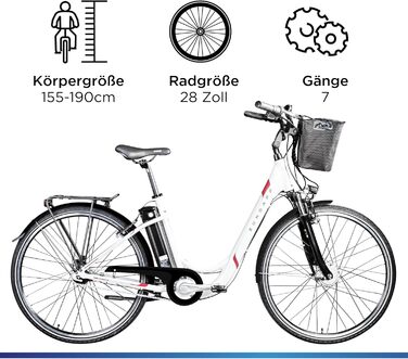 Електровелосипед ZÜNDAPP Z517 для жінок 28 дюймів, міський, ретро-дизайн, 7 швидкостей, задній гальмо, з підсвіткою, для дорослих 155-190 см