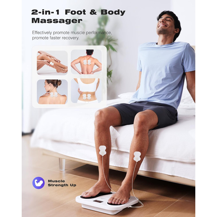 Масажер для ніг та тіла Medic EMS TENS - стимулятор кровообігу з 10 режимами та 20 рівнями інтенсивності. Зменшує біль при п'ятковому фасціїті, невропатії та болю. Білий колір.