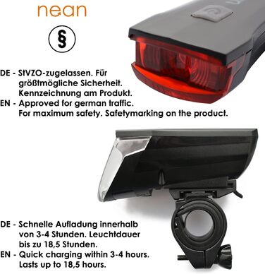 Фронтліхтар Nean CREE LED з акумулятором, світлодіодний велосипедний ліхтар з авторегулюванням та стоп-сигналом, 60 люкс, 6 cd, StVZO, велосипедна лампа, фара, задній ліхтар