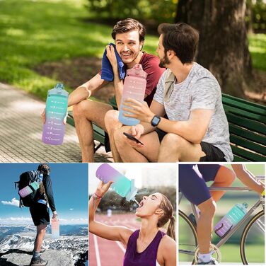 Спортивна пляшка для води MOMSIV 2L з трубочкою та відсіком для фруктів, з мітками часу, чорна, витіювання зелено-фіолетове