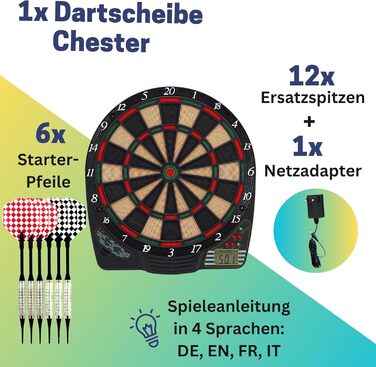 Електронна дартс-мішень Best Sporting Chester 2 з LCD-дисплеєм, 6 дротиками та змінними наконечниками, для 4 гравців, високоякісний автоматичний дартс