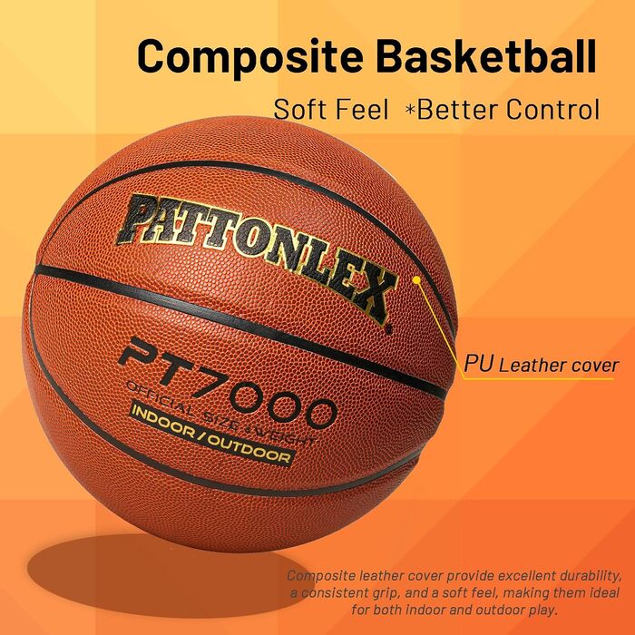 М'яч баскетбольний Pattonlex 29.5'' розмір 7 - Композитна шкіра - Для залу та вулиці - Оранжевий