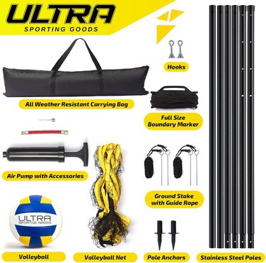 Волейбольний набір: сітка 91x91 см, волейбольний м'яч PU 21.6 см, сумка, лінії, сталеві стійки, насос, регульована висота для чоловіків, жінок та змішаних команд