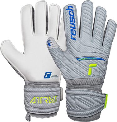 Воротарські рукавички Reusch Attrakt Finger Support для дорослих, з зовнішнім швом і захистом пальців, універсальні для всіх типів футбольних полів, сірі-блакитні-жовті, розмір 10
