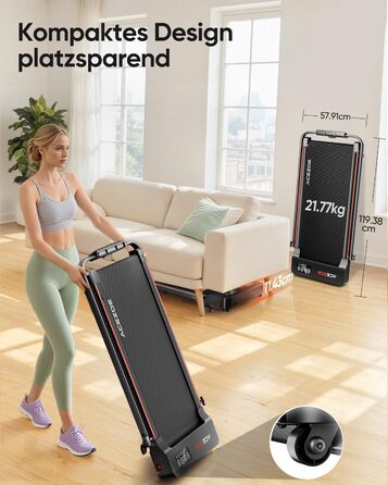 Біговий тренажер 6 в 1 для дому, складаний, з регулюванням нахилу 10% та ручкою. Підходить для дому/офісу, LED-дисплей, до 135 кг, пульт дистанційного керування та додаток. Без встановлення (червоний)