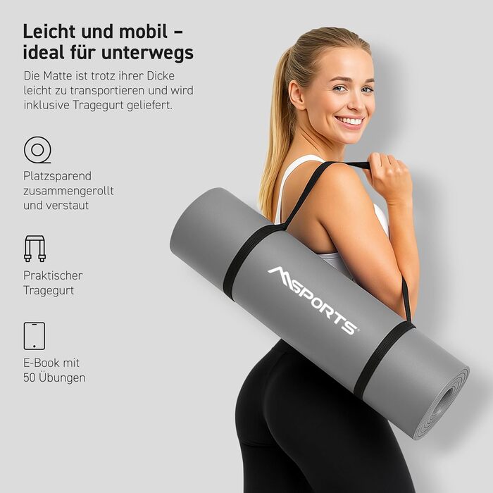 MSPORTS Килимок для гімнастики Преміум з сумкою, постером та додатком для фітнесу. Зручний, 190 x 80 x 1,5 см, антрацит. Без фталатів. Килимок для йоги сіро-антрацитового кольору 190 x 80 x 1,5 см
