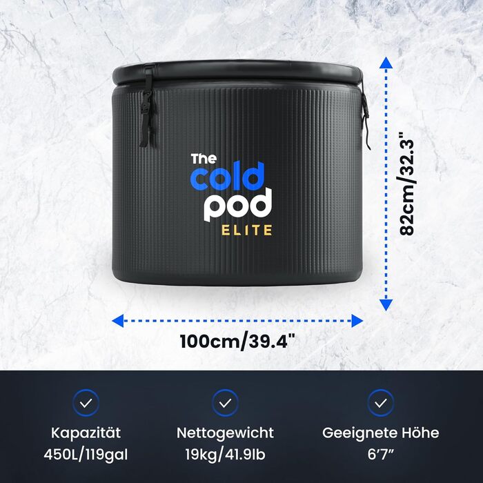 Тонна для криотерапії Eisbad для спортсменів з кришкою, портативна ванна для криотерапії, The Cold Pod, розкладна надувна ванна для дому та вулиці (Elite Barrel)