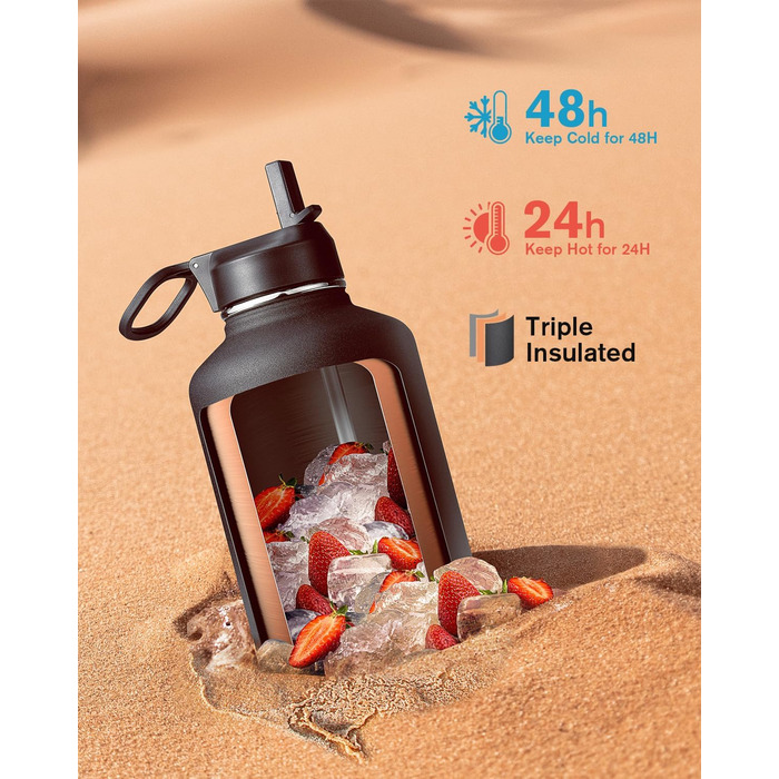 Термос-бутилка Coolflask 2 л з трубочкою і 3 кришками, ізольована спортивна пляшка з нержавіючої сталі, подвійний захист від протікання, чорна і сіра для спорту чи офісу