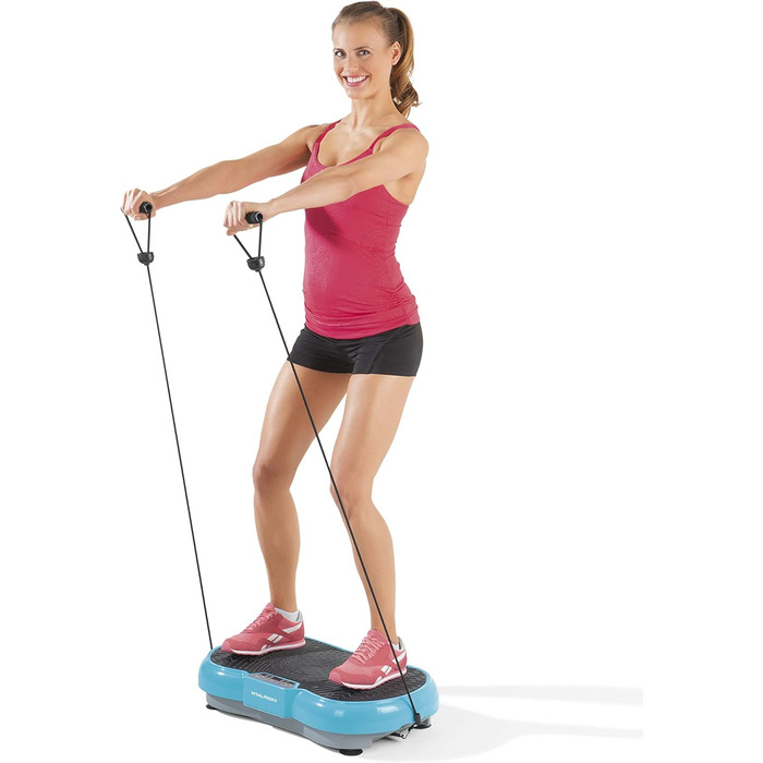 VITALmaxx Вібротренажер 200 Вт, 4-частини, блакитний, LCD-дисплей, пульт дистанційного керування, 99 рівнів вібрації, 9 програм, 3 зони вібрації, еспандери з ручками