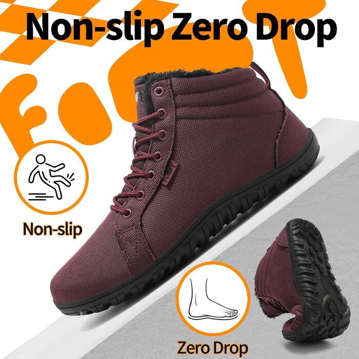 Водонепроникні черевики-сліпони для ходьби Barfußschuhe: жіночі та чоловічі, широкі, теплий підкладка, Zero Drop, антиковзаючі, 38 EU, бордовий