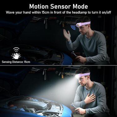 Кепка-ліхтар Blukar LED з 2 режимами кольору, перезарядна, 2000L, регульована яскравість, червоне світло, датчик, 12 режимів, водонепроникна, 30+ годин роботи для надзвичайних ситуацій/кемпінгу/бігу (світло-фіолетовий)