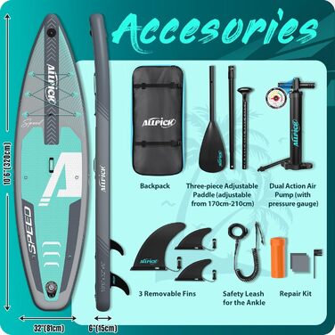 ALLPICK SUP Board Premium набір: Дошка для Stand Up Paddling надувна, з кріпленням для камери, повний комплект аксесуарів, регульоване весло, для початківців та просунутих, вантажопідйомність 200 кг, сіро-зелений