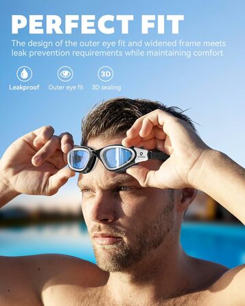 Окуляри для плавання, дорослі, поляризовані. Підходять для жінок та чоловіків. Без витоку, широкий кут огляду, захист від УФ-випромінювання, антизапітніння. Комфортні для підлітків та дорослих (чорний/світло-блакитний)