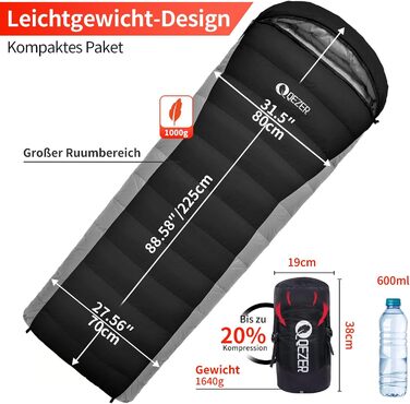 Сплячий мішок пуховий зимовий, 600FP+ Преміум пух, 12°C до -24°C, легкий та теплий для 3-4 сезонів, кемпінг, піші прогулянки та трекінг, оранжевий 12°C (чорний 0°C)