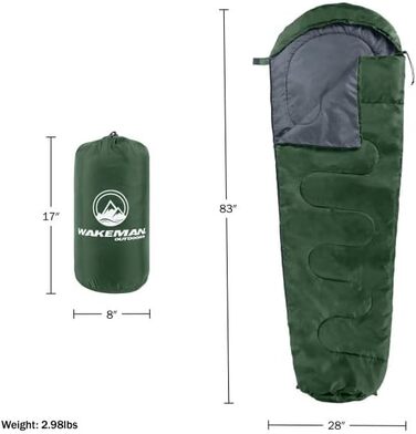 Спальний мішок Wakeman Outdoors для холодної погоди (-3.9°C), водонепроникний, з капюшоном та шнурком, зелений