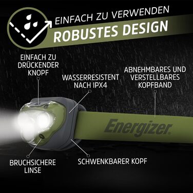 Ліхтар на лоб Energizer LED, супер яскравий налобний ліхтар для кемпінгу, відпочинку на природі та походів, батарея в комплекті, колір: іржаво-червоний (Forest Green: Нова модель)